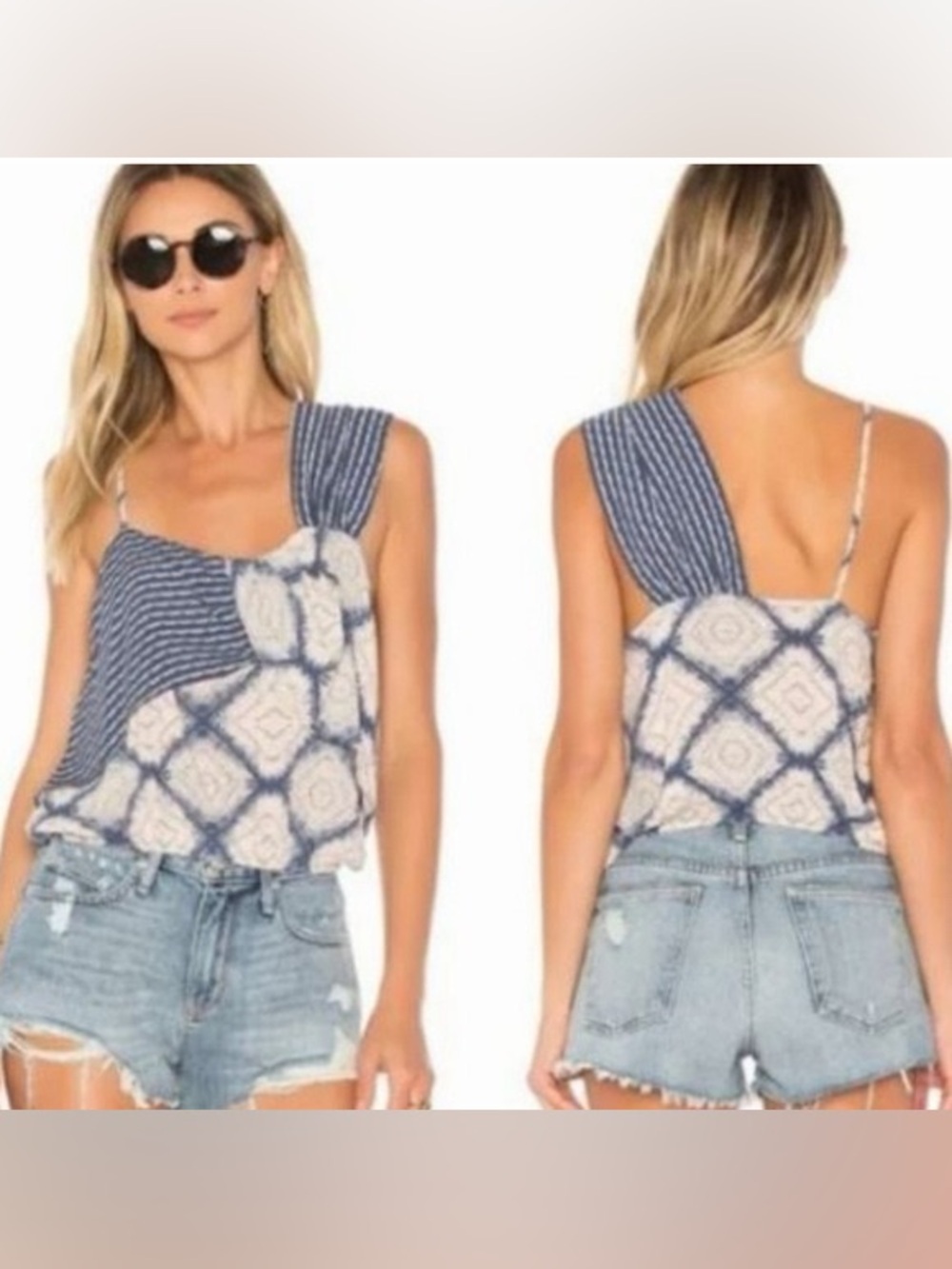 Free People Call On Me Asymmetrical One Shoulder Tank Top Blue White M